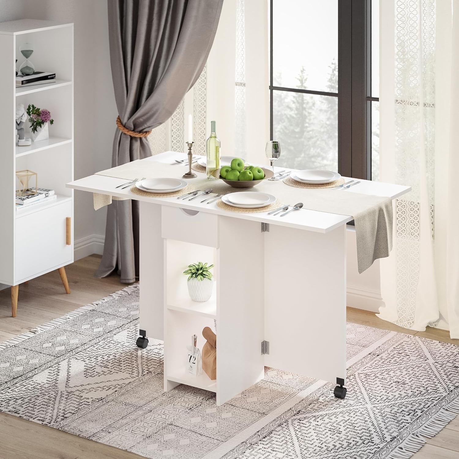 Folding Drop Leaf Dining Table w/ Wheels, Storage & Drawer for Small Space