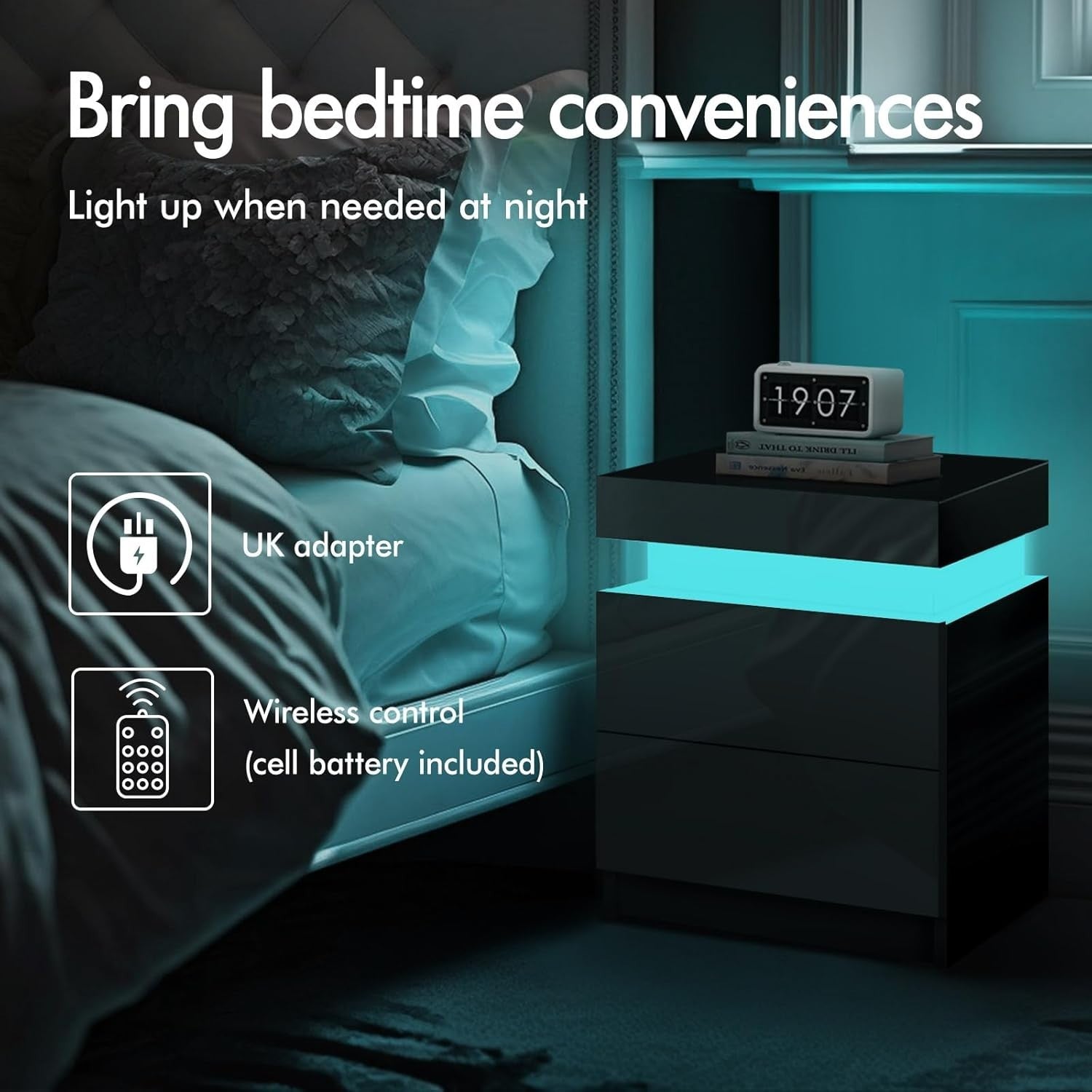 LED Bedside Table with 2 Drawers & RGB Lights | Modern Black