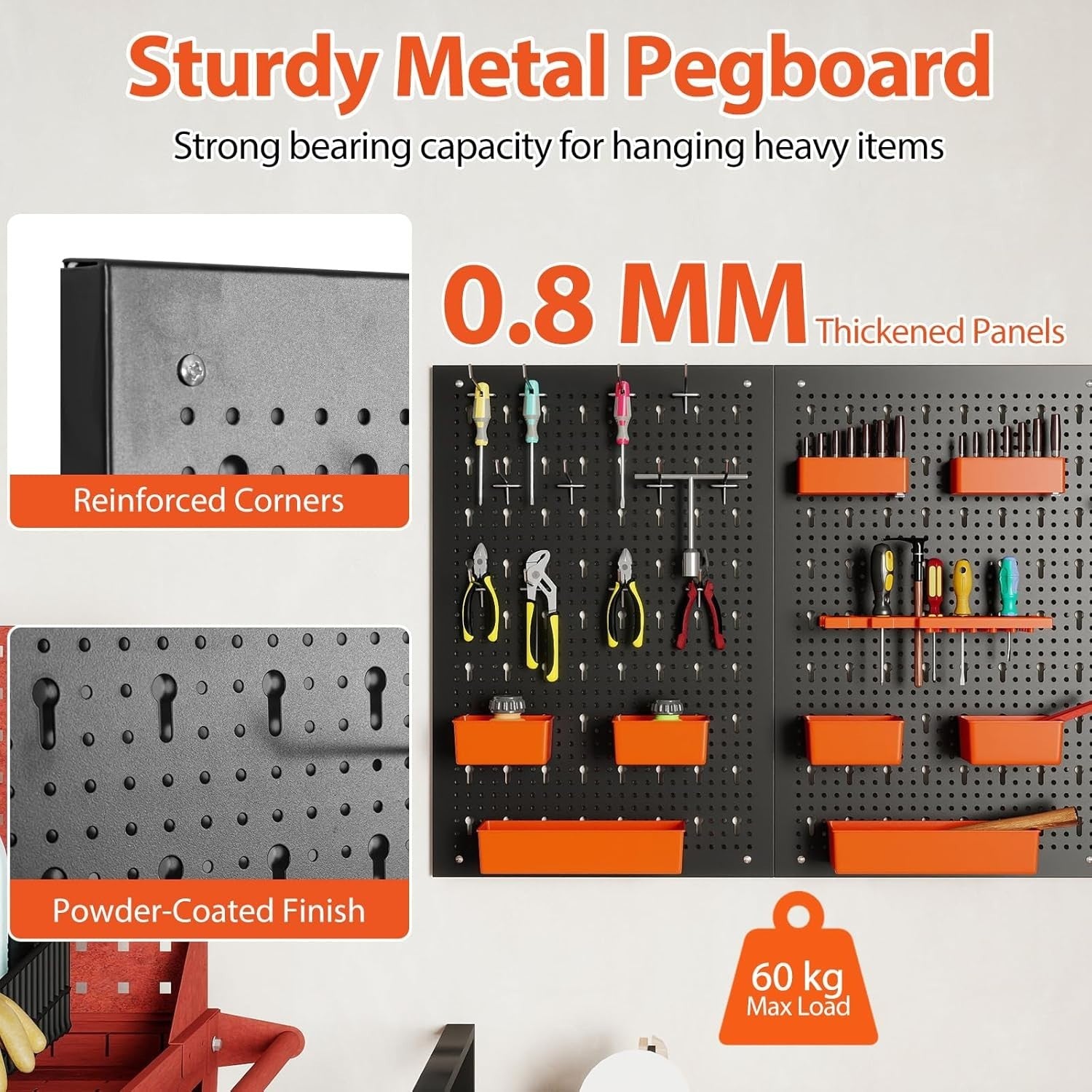 Black+Orange Pegboard Tool Organizer 3 Boards 26 Accessories Wall Rack