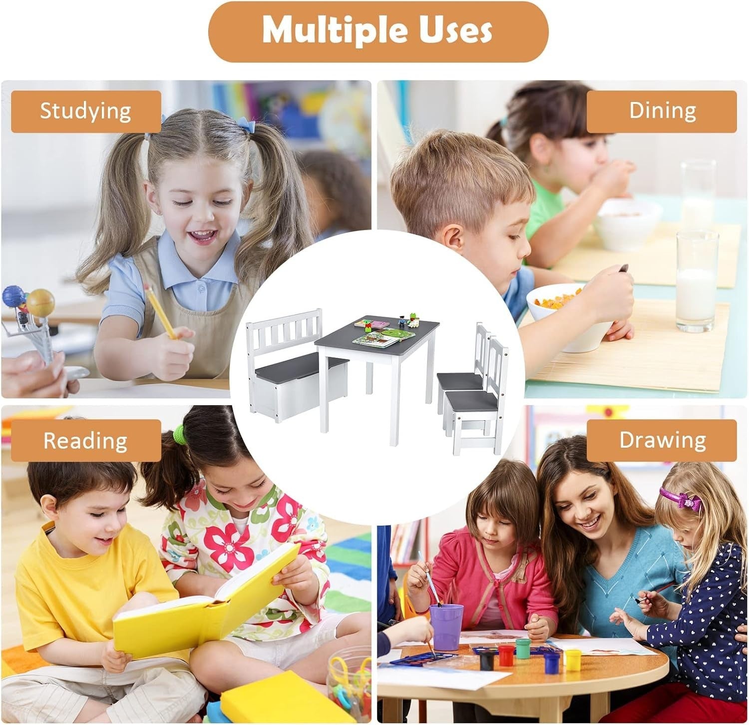 Kids Table Chair Set with Storage Bench 4pc Furniture Grey Playroom Desk