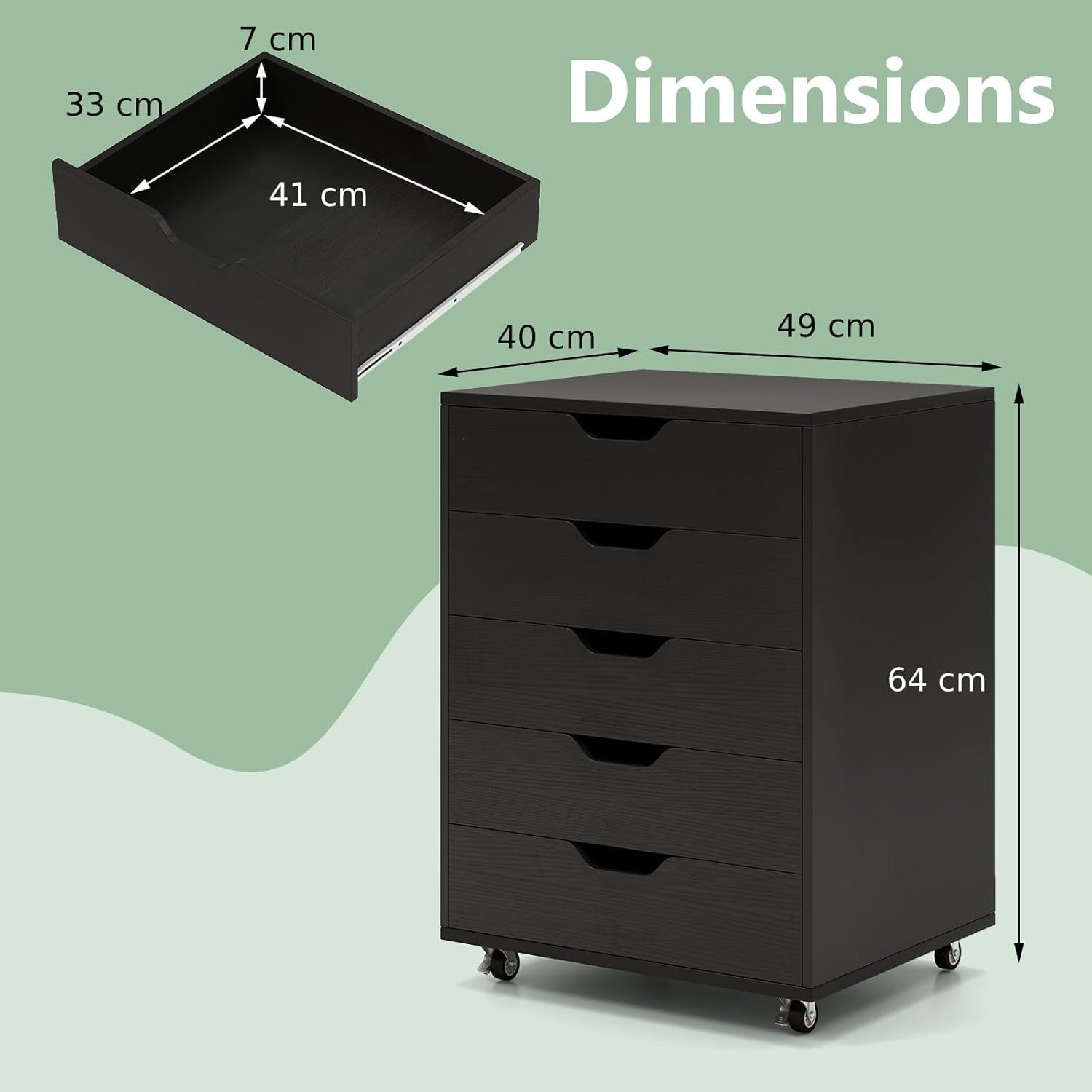 Black Mobile Filing Cabinet 5 Drawer Storage Unit with Wheels for Home Office