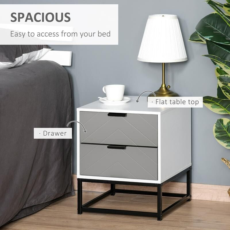 Modern Grey Bedside Table with 2 Drawers, Steel Base, Unique Chevron Style