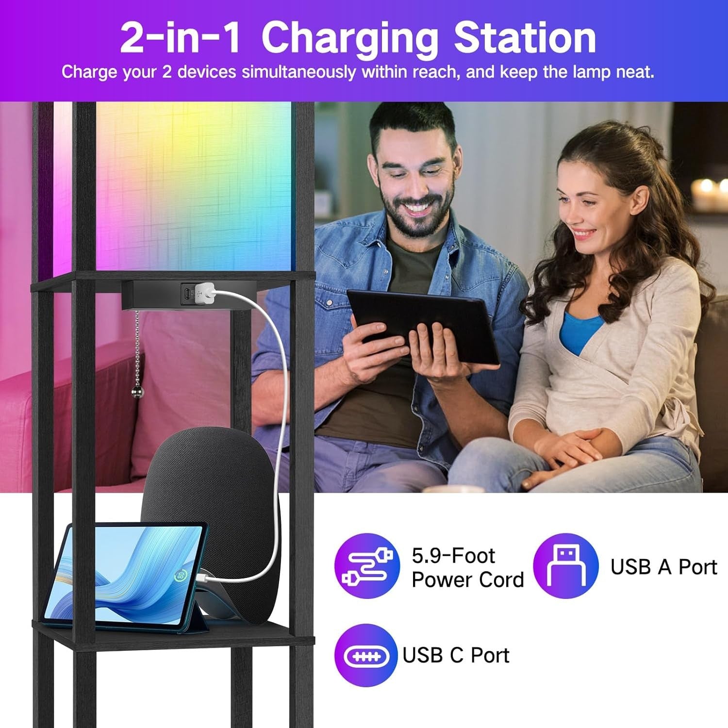 RGB Floor Lamp with Shelves App Remote Smart LED Standing Light Black