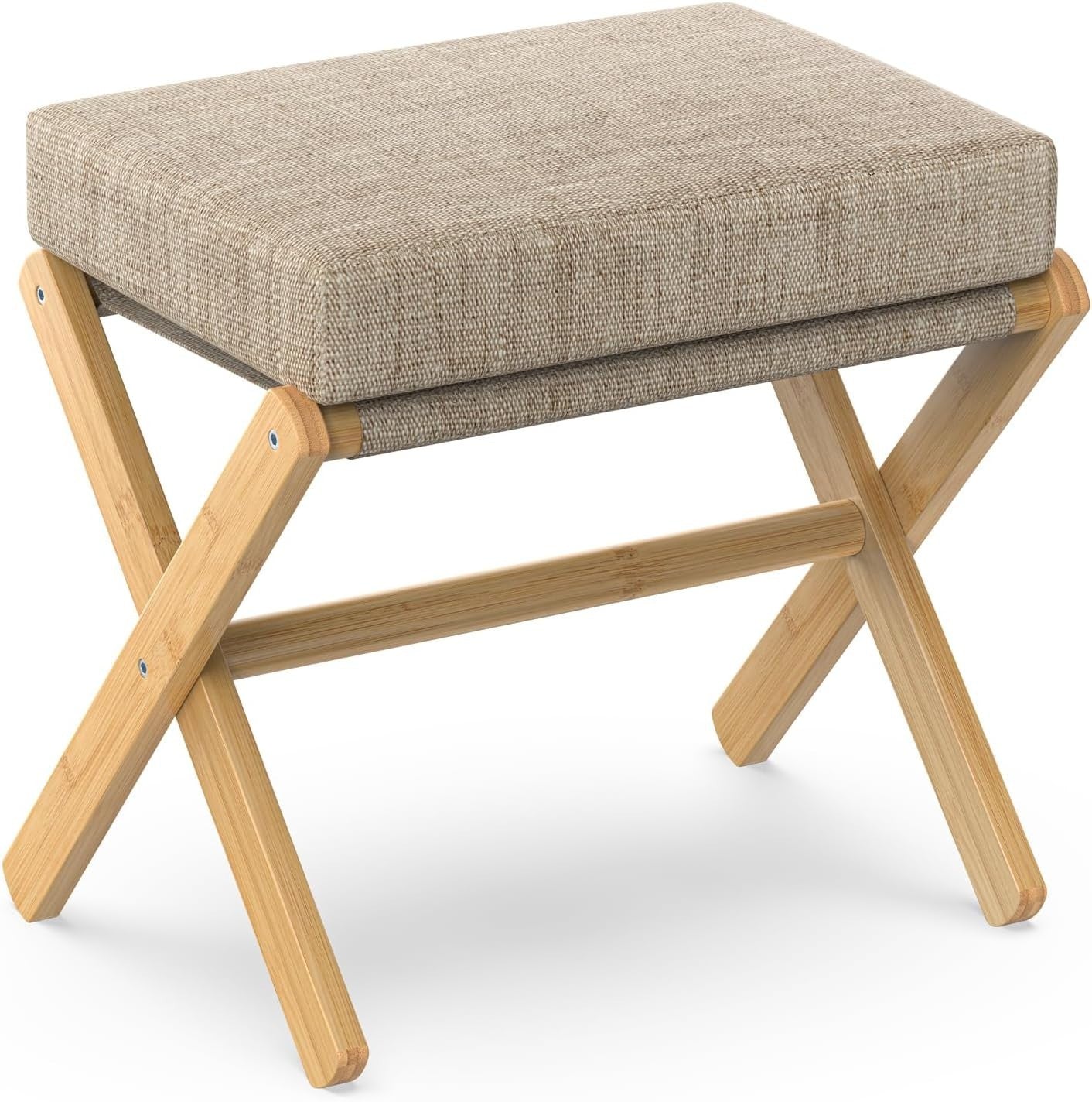Natural Bamboo Foldable Footstool with Brown Chenille Cushion & X-Leg Design