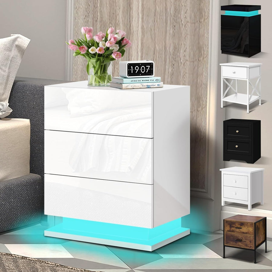 LED Bedside Table with 3 Drawers & RGB Lights | Modern High Gloss Nightstand