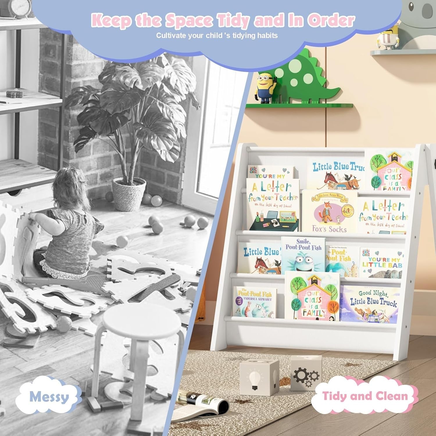 4-Tier Foldable Kids Bookshelf with Deep Fabric Pockets Storage Rack