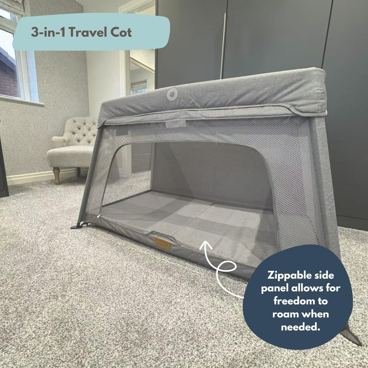 Travel Cot Playpen Lightweight Foldable Baby Bed with Mattress & Storage Grey