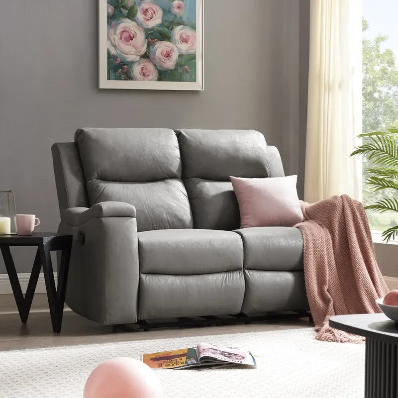2 Seater Recliner Sofa Faux Leather Manual Grey PU Lounge Cup Holder