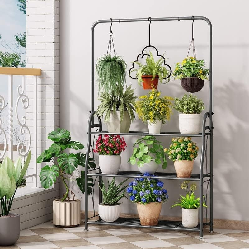 3 Tier Hanging Metal Plant Stand | Tall Indoor Outdoor Flower Pot Shelf Rack
