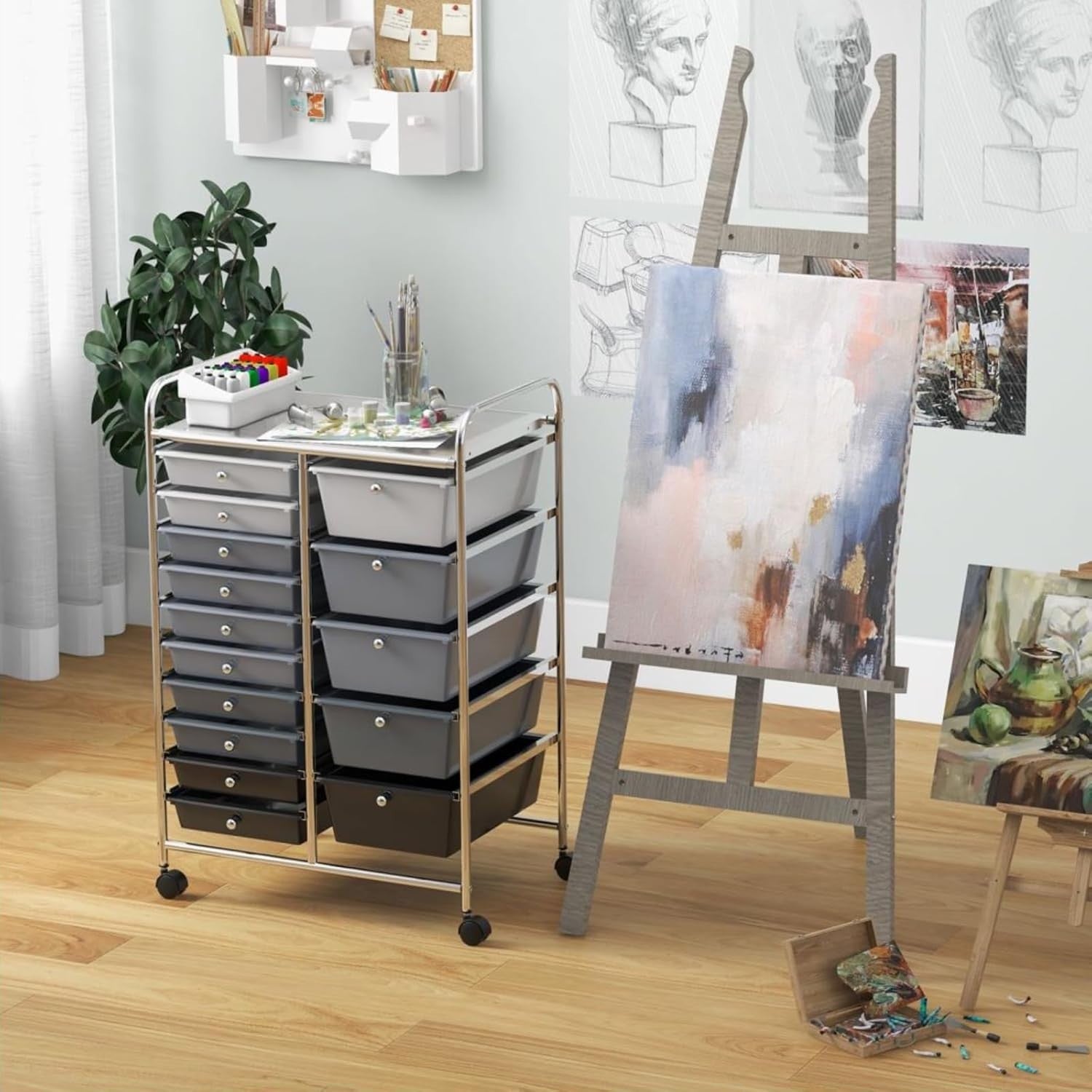 15 Drawer Rolling Storage Trolley Utility Organizer Cart Black Silver