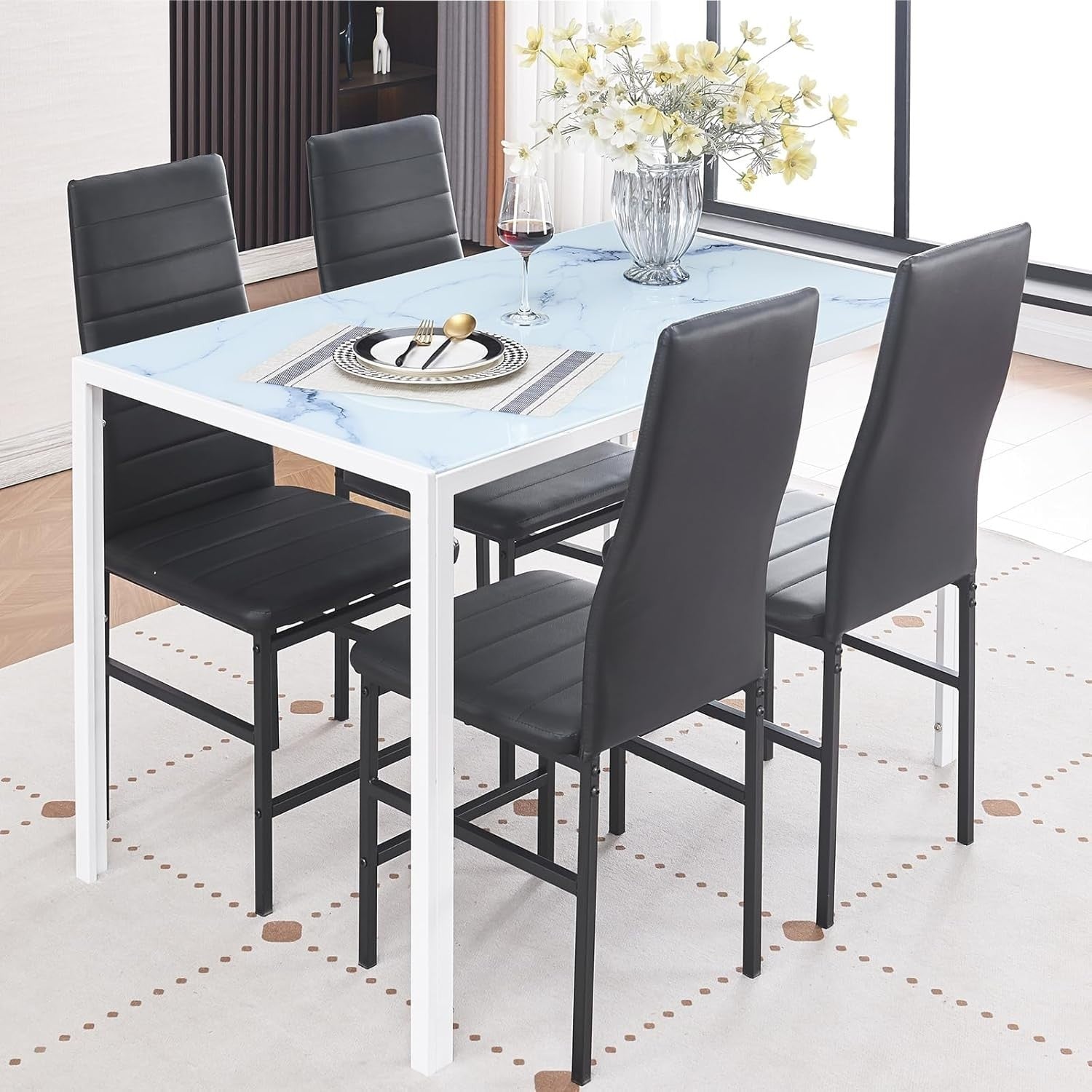 Modern 5PC Marble Glass Dining Set with PU Leather Chairs for Small Spaces