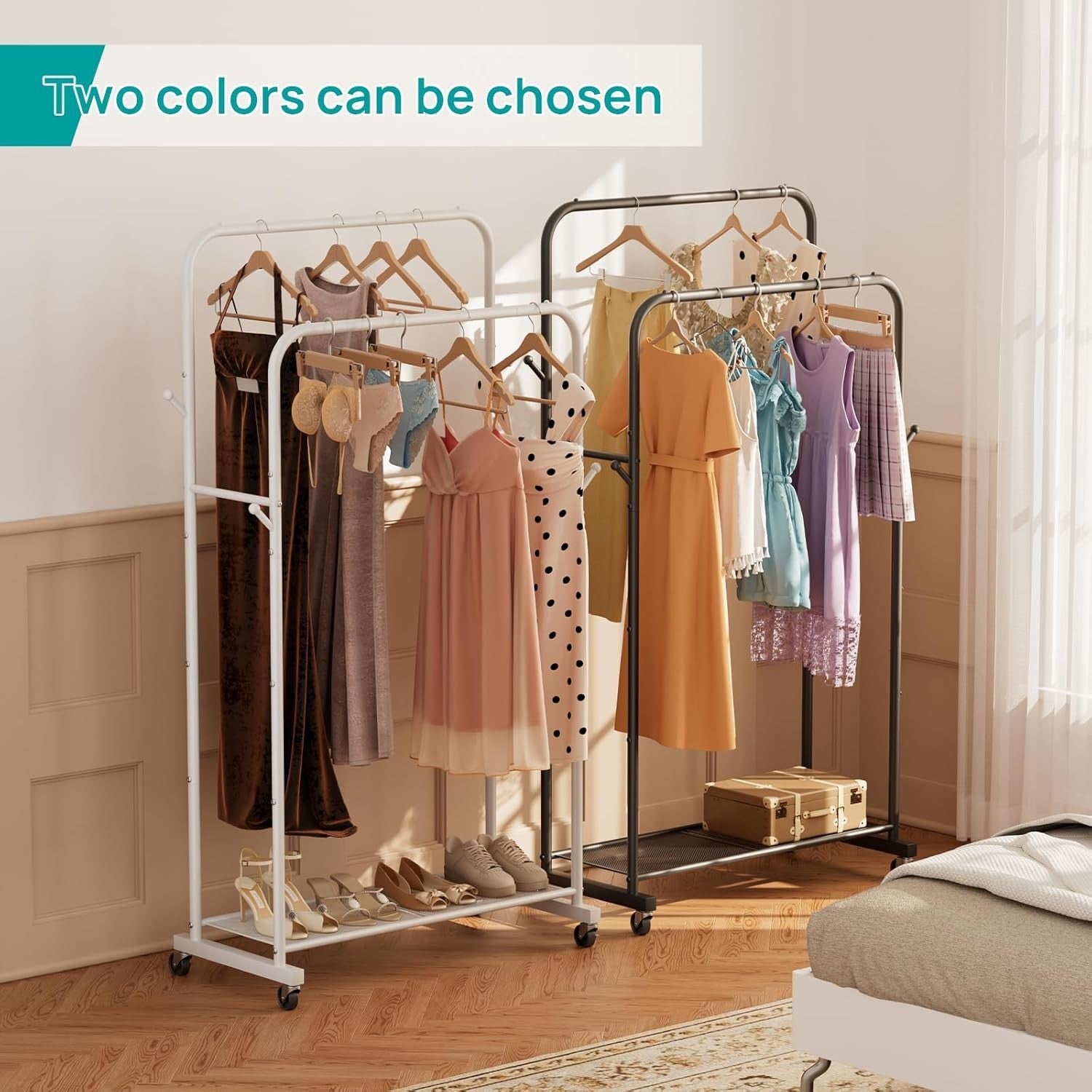 Heavy Duty Clothes Rail with Wheels & Shelf – Black 43×91×145cm