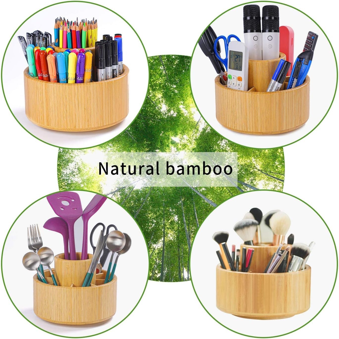 Rotating Bamboo Desk Organizer 11 Compartments Large Pen & Art Holder
