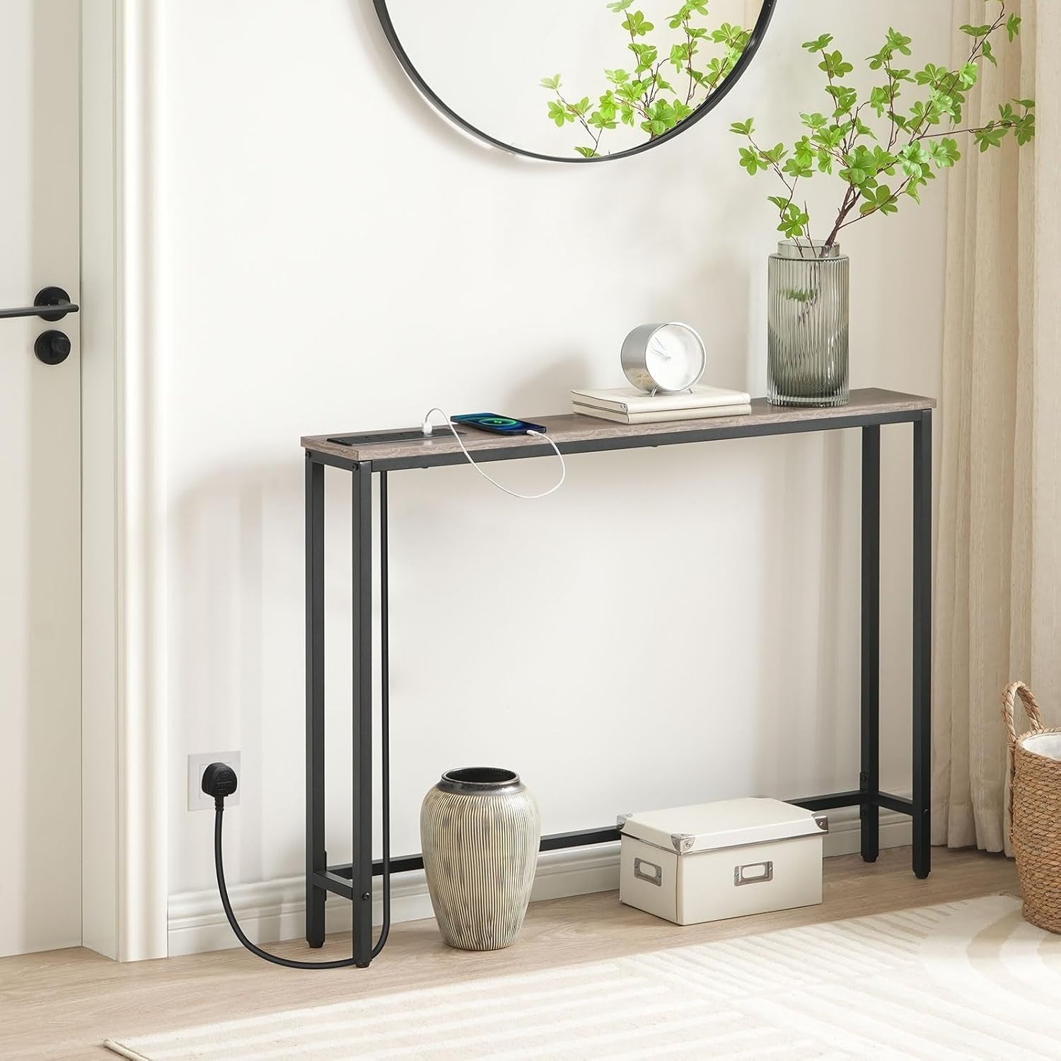 Slim Console Table with USB Charging Ports & Power Outlets for Small Spaces