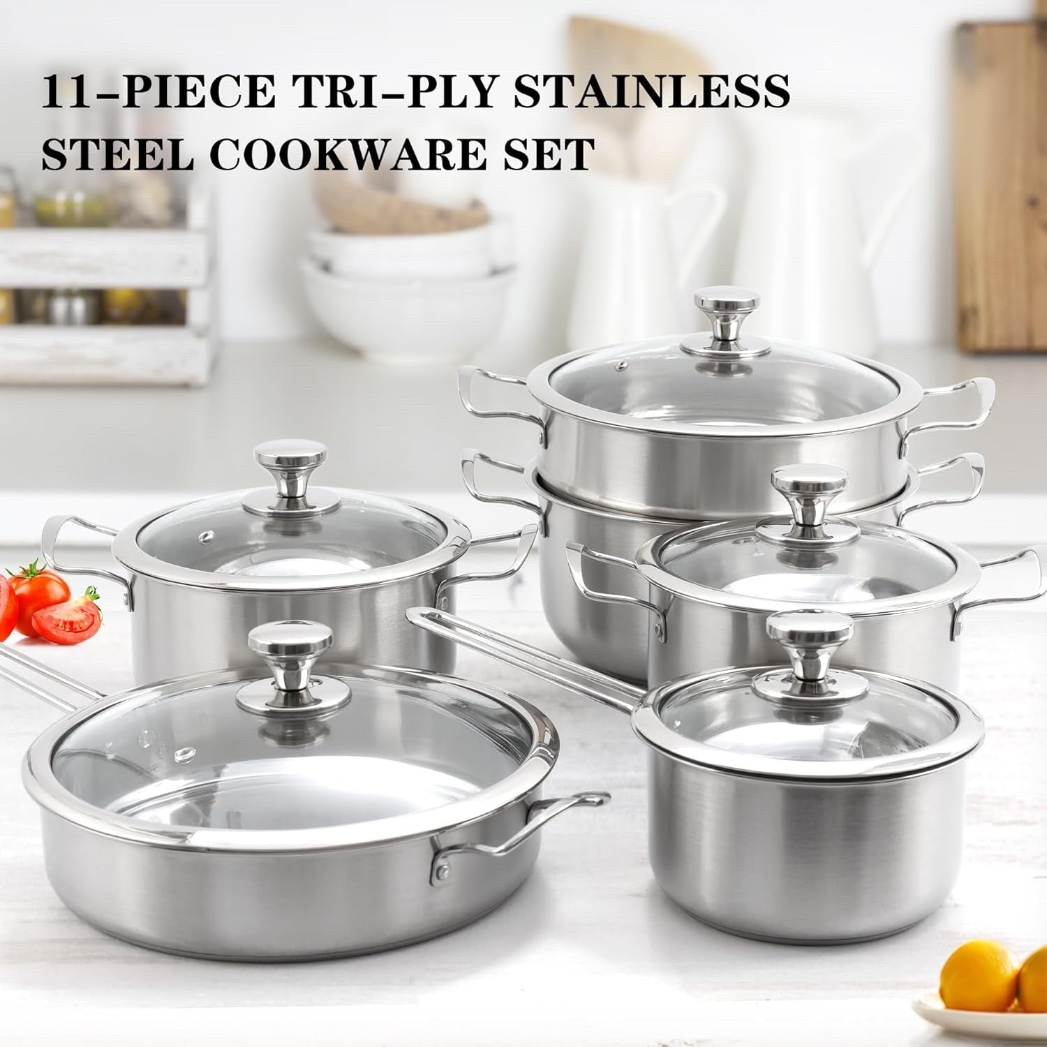11pcs 3-ply Stainless Steel Cookware Set Induction Safe Pots & Pans with Lids