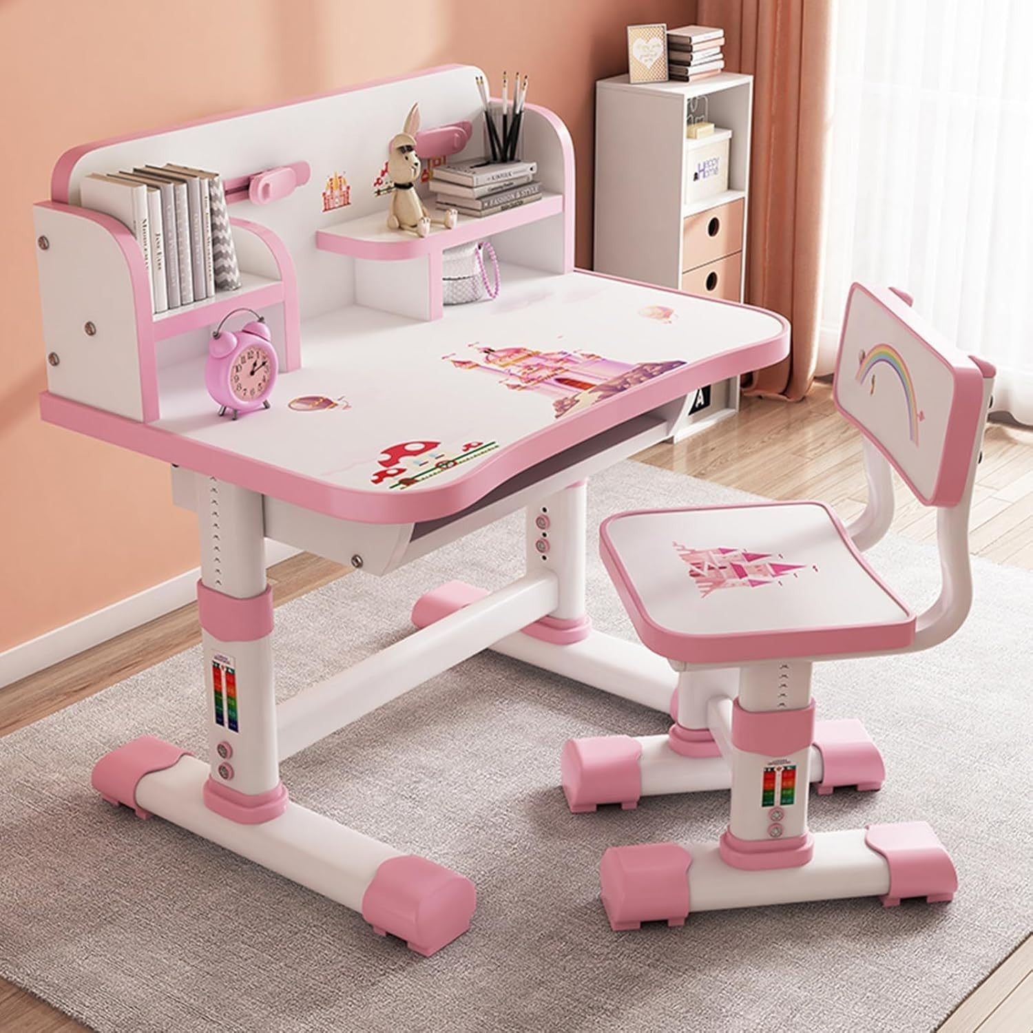 Adjustable Kids Study Table & Chair Set with Storage Drawer & Hooks Pink