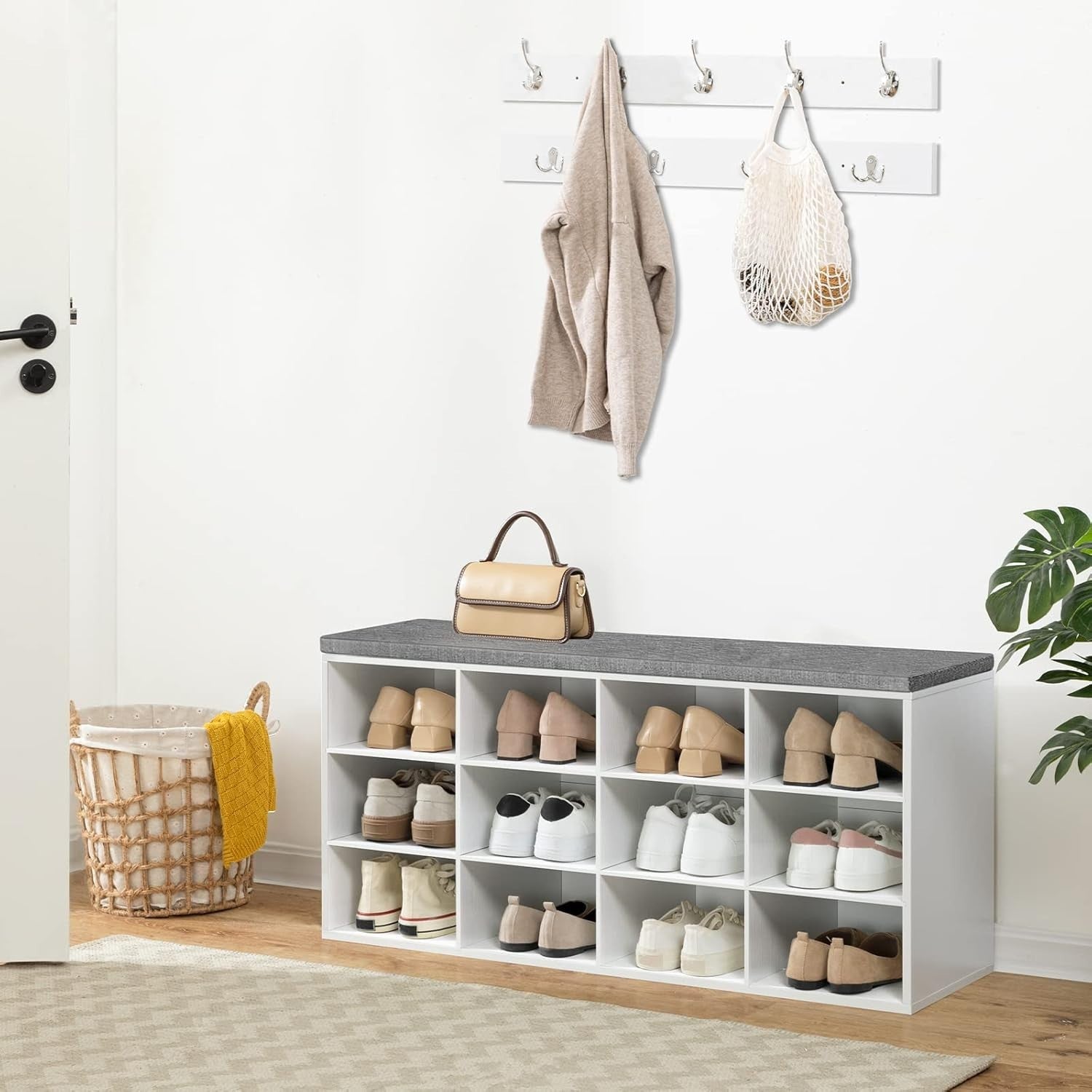 Shoe Storage Bench with Cushion & Hooks, 12 Cubbies, 100cm Hallway Rack