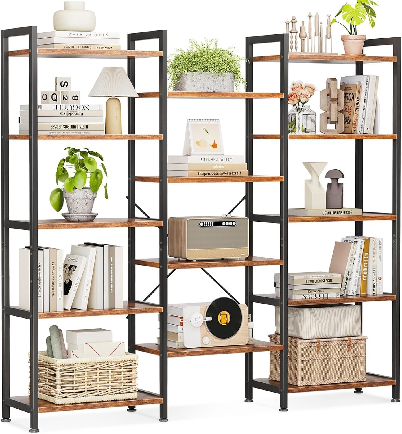 5 Tier Triple Bookshelf Industrial 14 Shelf Wide Bookcase Rustic Brown Metal