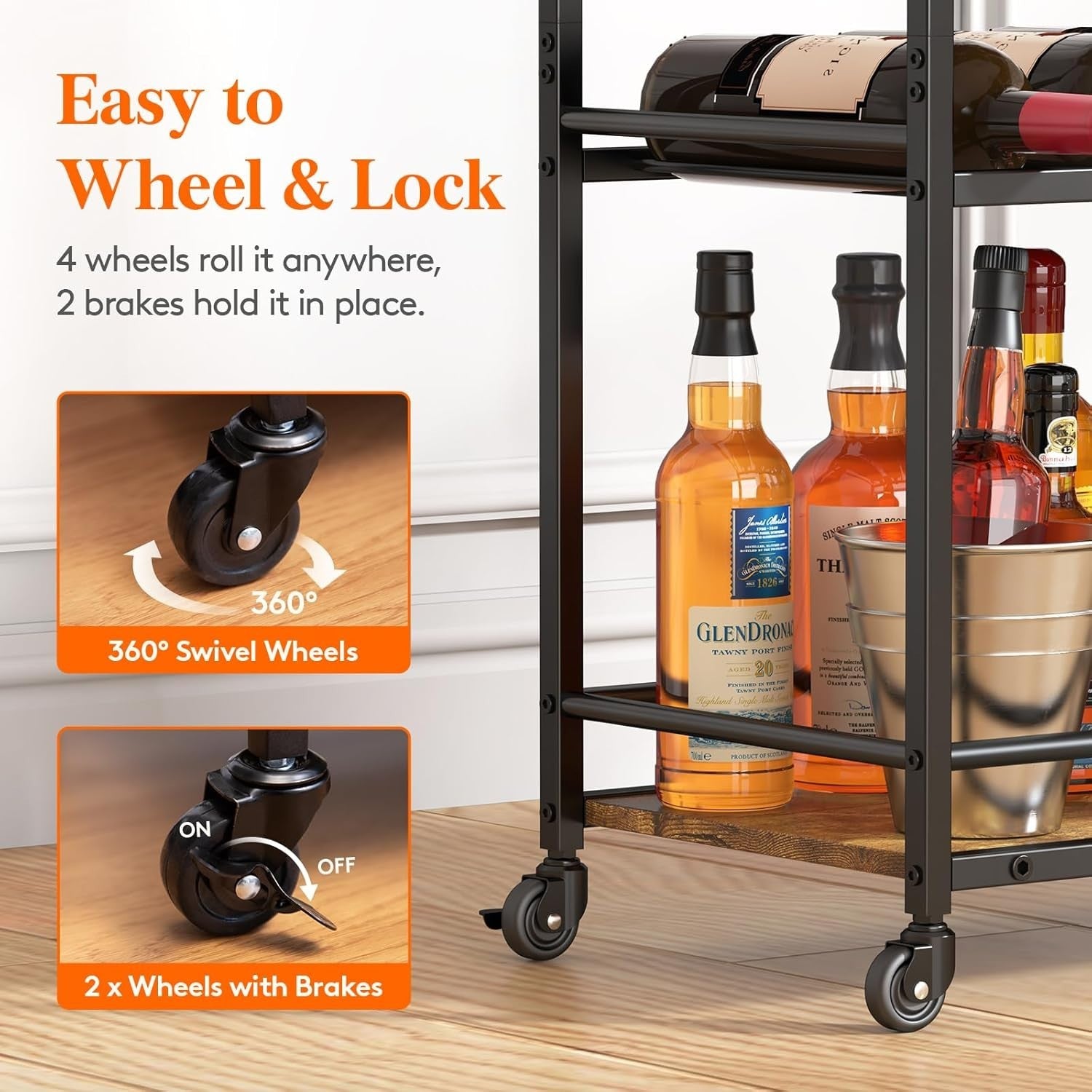 3 Tier Bar Cart with Wine Rack & Glass Holder, Lockable Wheels, Rustic Wood