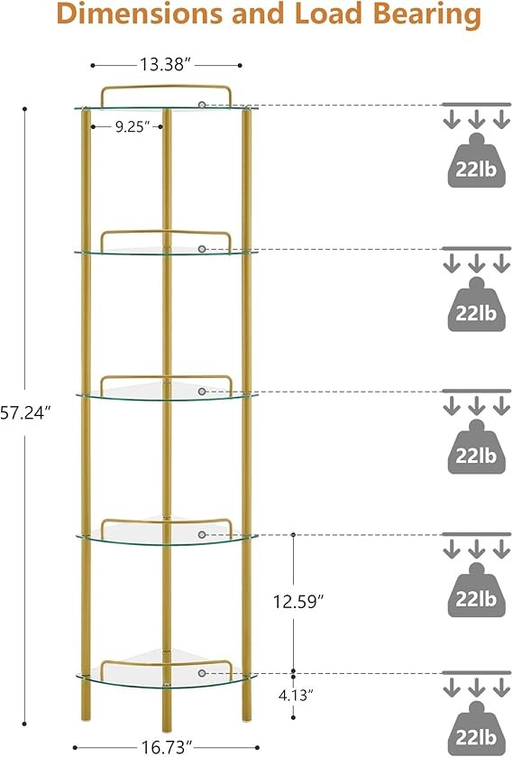 Gold Corner Shelf Unit – 5-Tier Glass Display Stand for Living Room & Bedroom