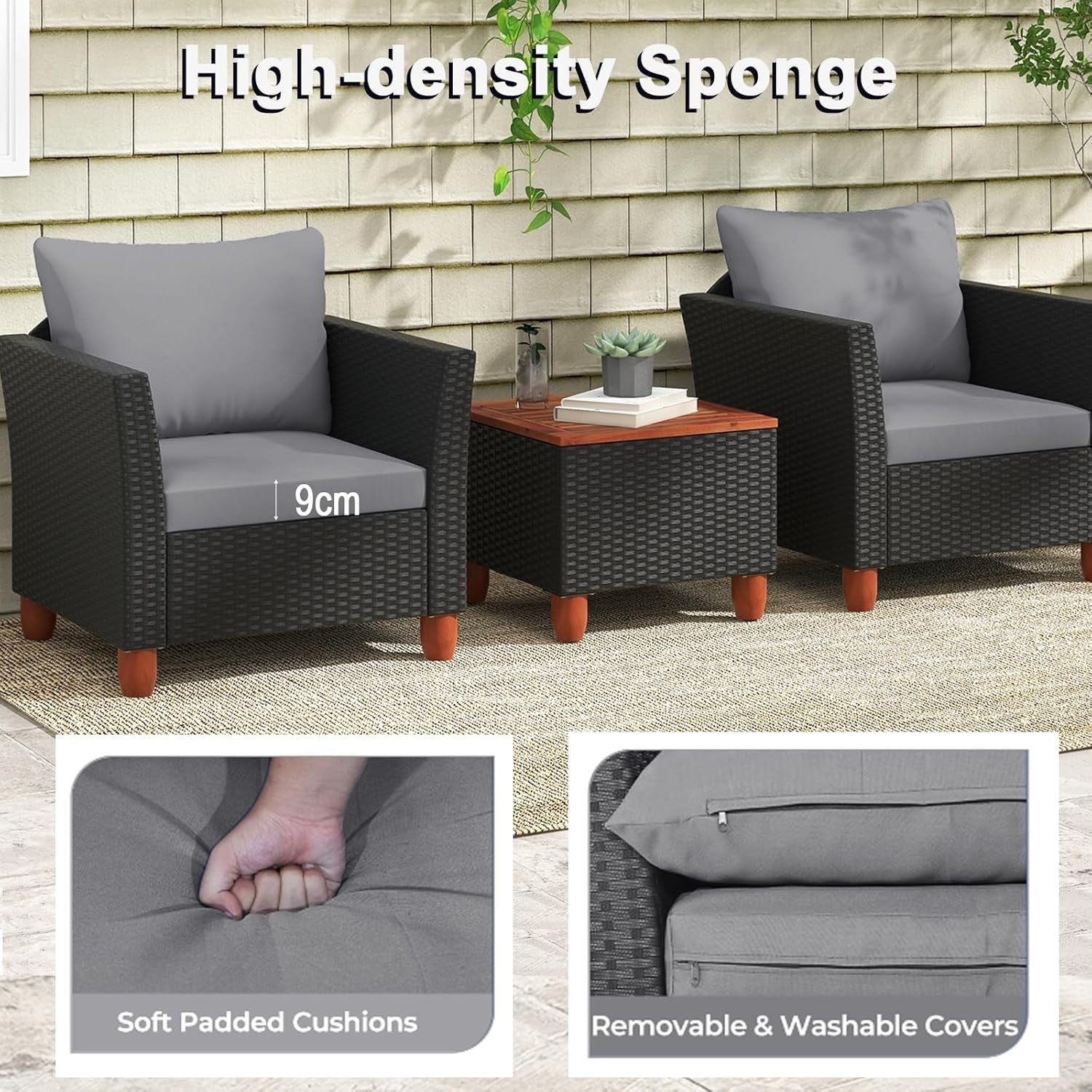 3 Piece Rattan Bistro Set Garden Patio Chairs with Storage Table Cushions
