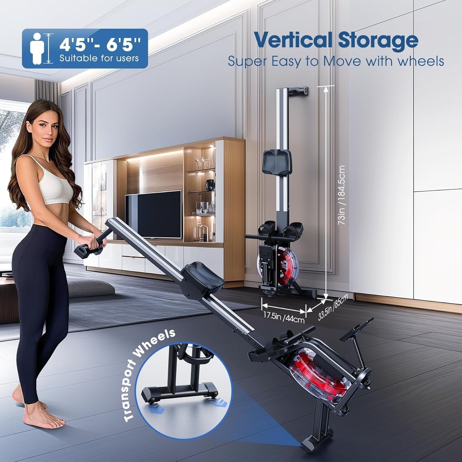 Foldable Water Rowing Machine 6-Level Resistance Bluetooth LCD Quiet Home Gym