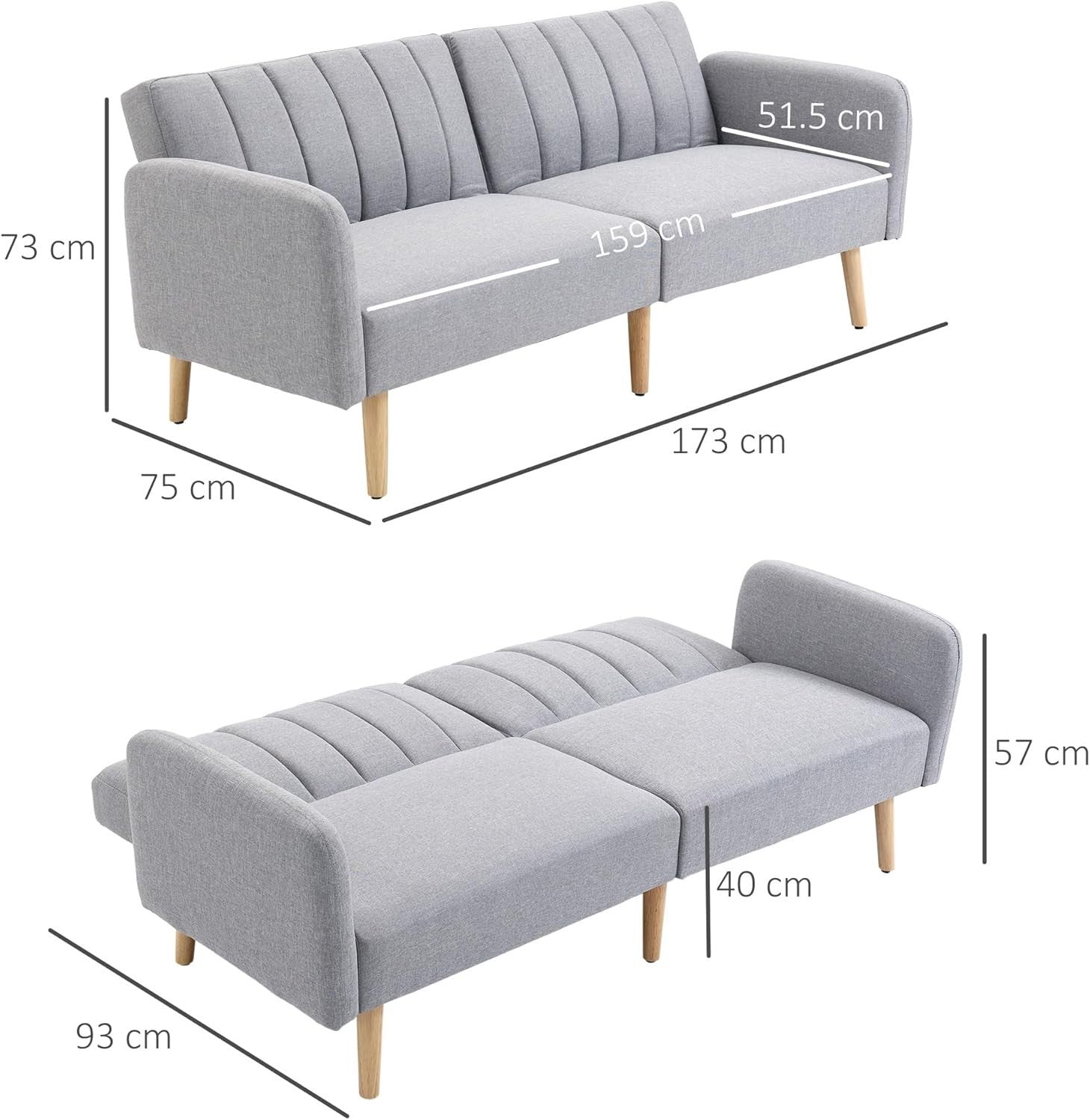 2-Seater Click Clack Sofa Bed Light Grey Linen Split Back Guest Couch Small Room