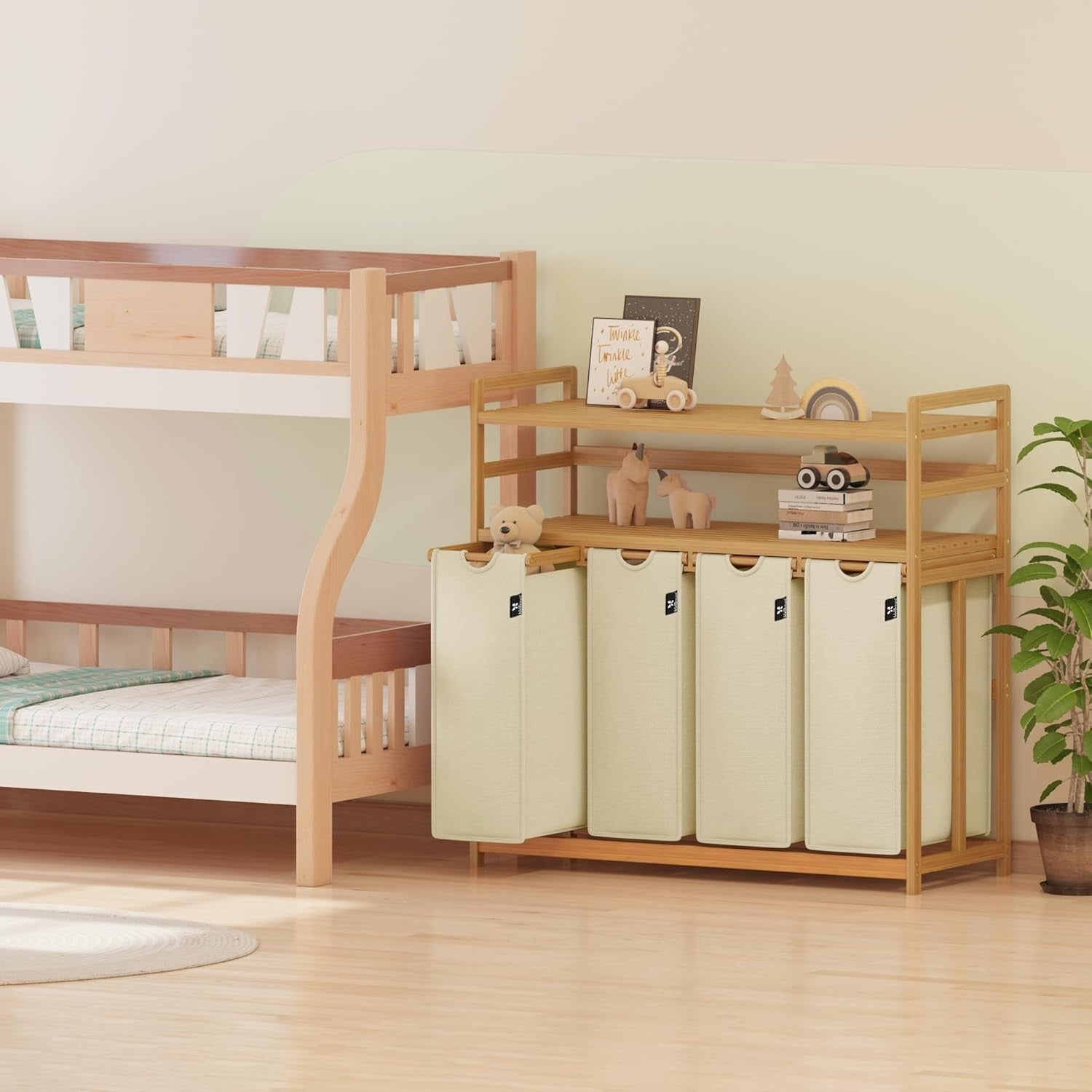 200L 4-Section Laundry Sorter Bamboo Frame Beige With Shelf Removable Bags