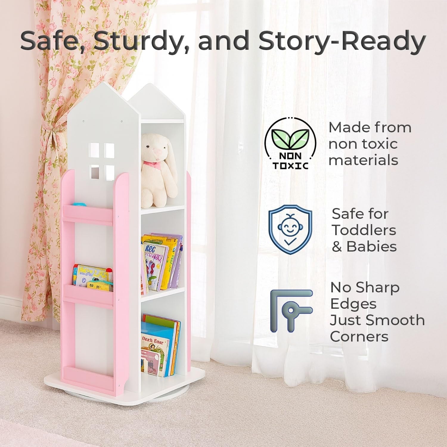 360° Rotating Kids Bookshelf 10-Shelf Freestanding Space-Saving Bookcase Pink