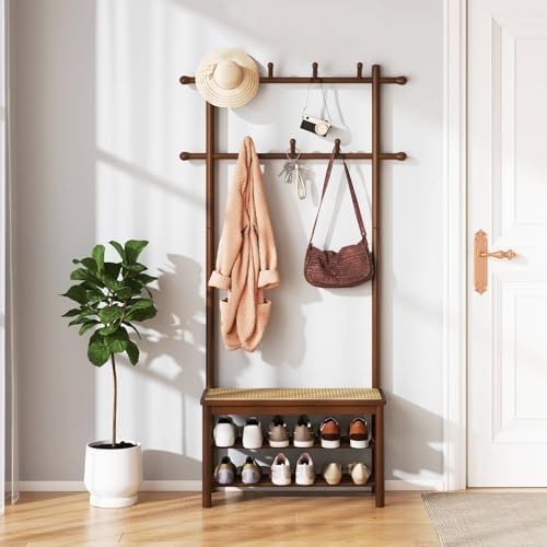 3-in-1 Bamboo Coat Rack with Bench & Shelves Rattan Hallway Entryway Storage