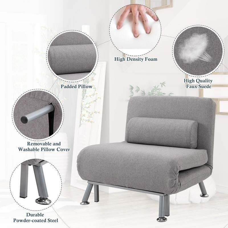 5-Position Folding Chair Bed Grey Guest Sofa Sleeper w/ Pillow & Suede Look