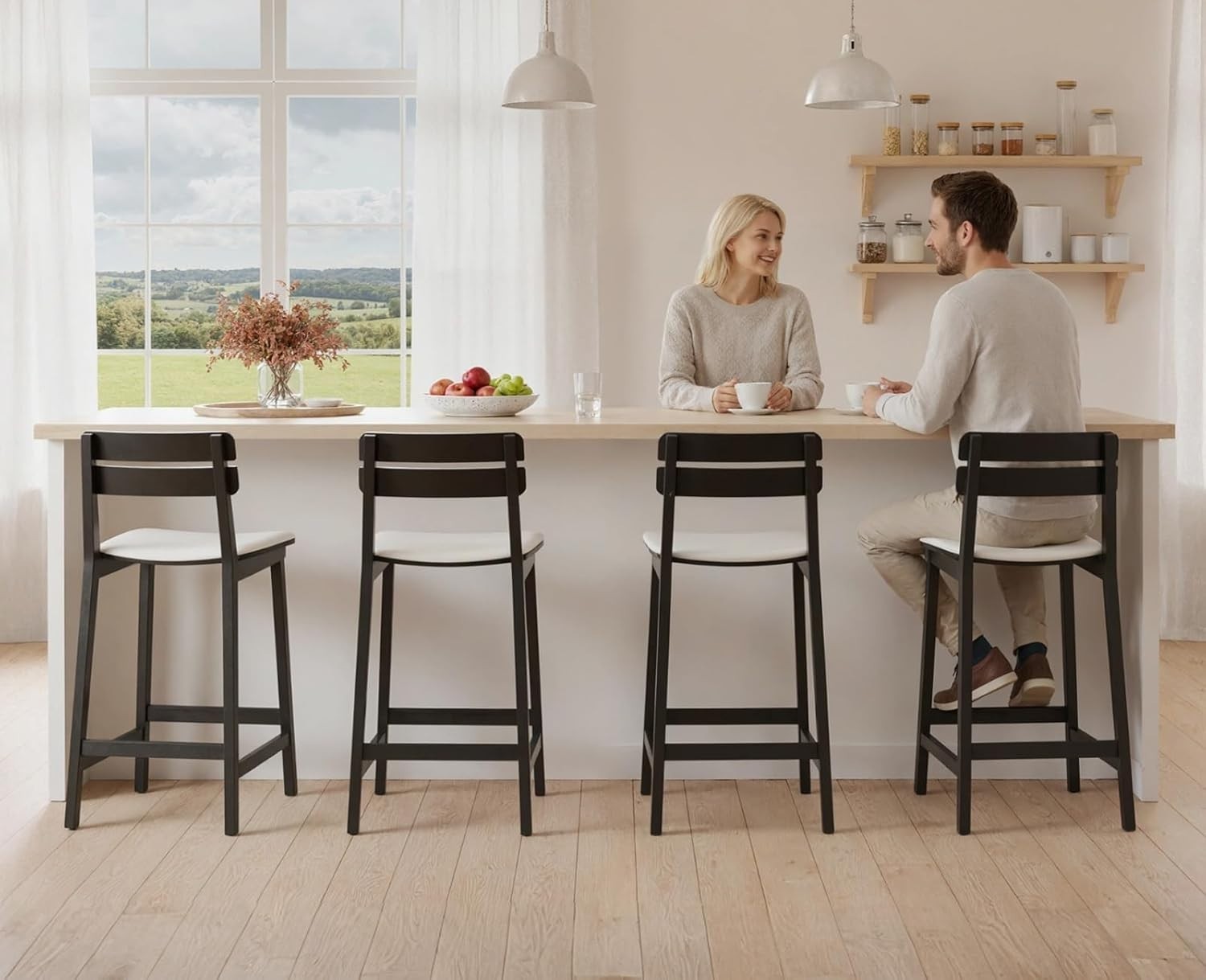 Wood Bar Stools Set of 2 Black PU Leather Vintage Counter Chairs