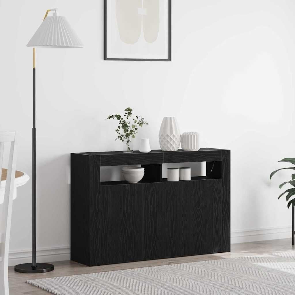 Modern Black Oak Sideboard Cabinet with LED Lighting, 3 Doors & 8 Compartments