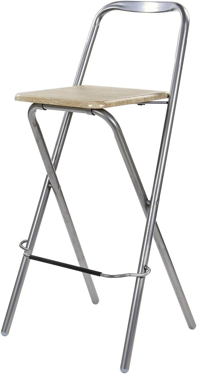 Folding Bar Stool Wooden Seat Metal Frame Space Saving Natural