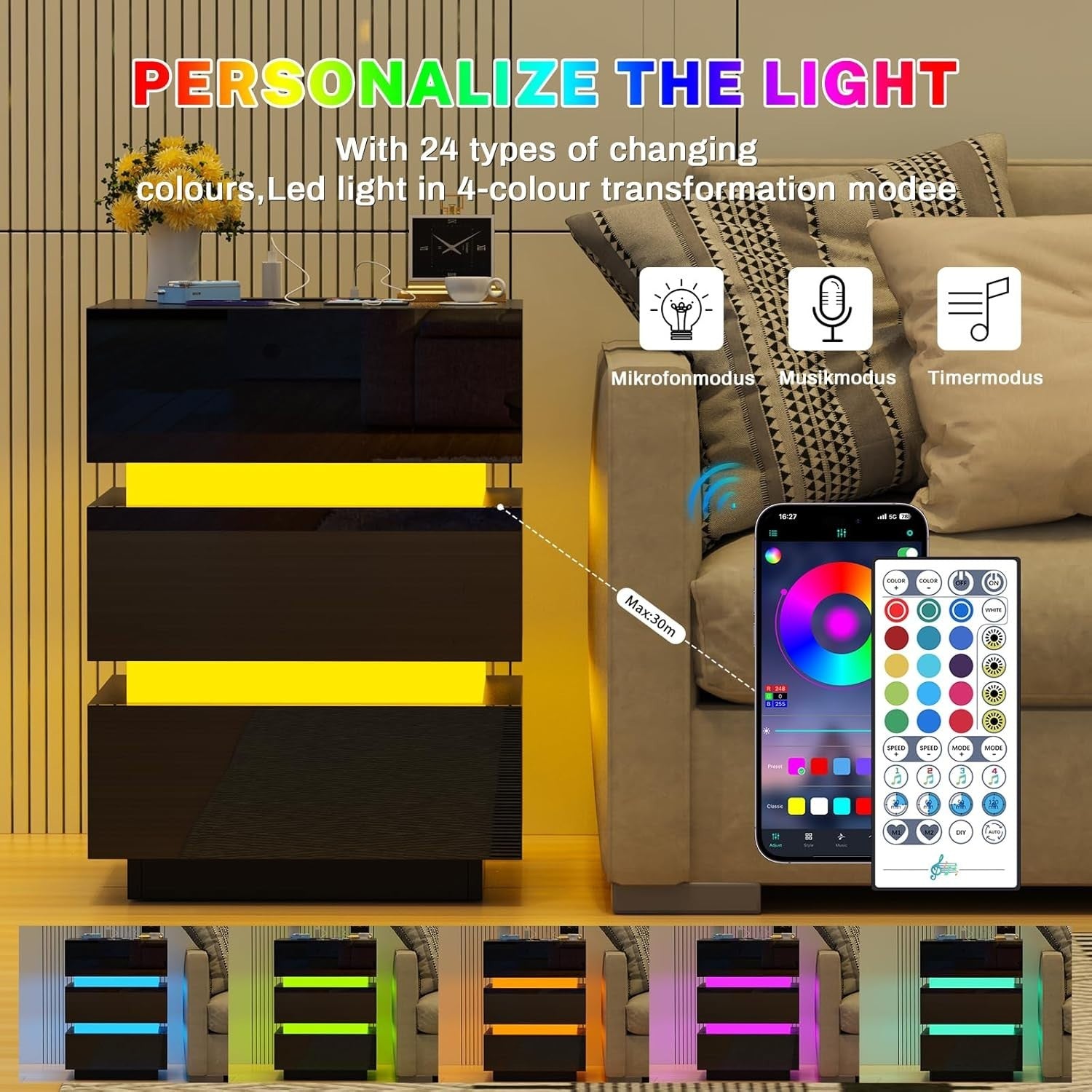 Luxury LED Bedside Table with USB Charging Station, 3 Drawers, Gloss Finish