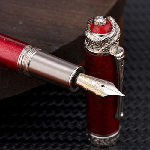 Wine Red Piston Fountain Pen Extra Fine Nib Snake Engraved Metal Gift Set