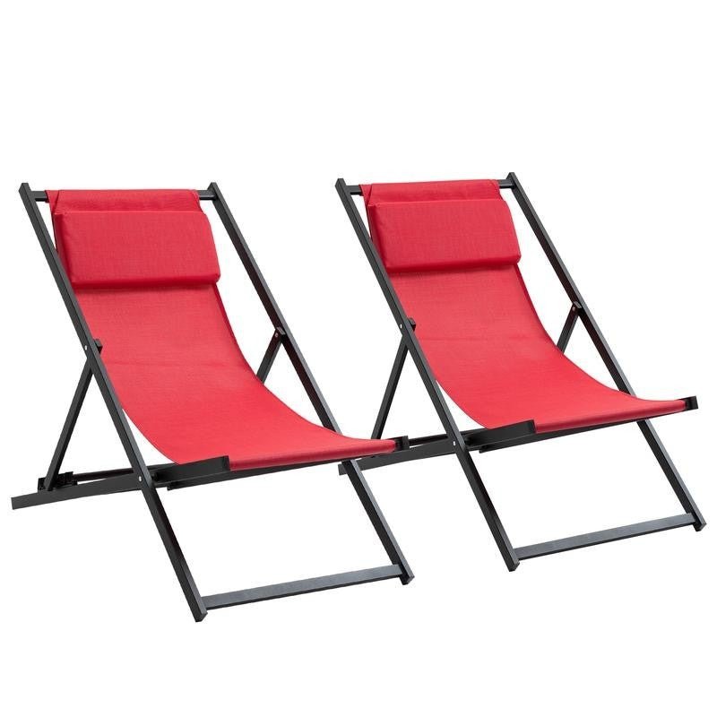 2x Folding Red Deck Chairs Reclining Aluminium Garden Patio Loungers