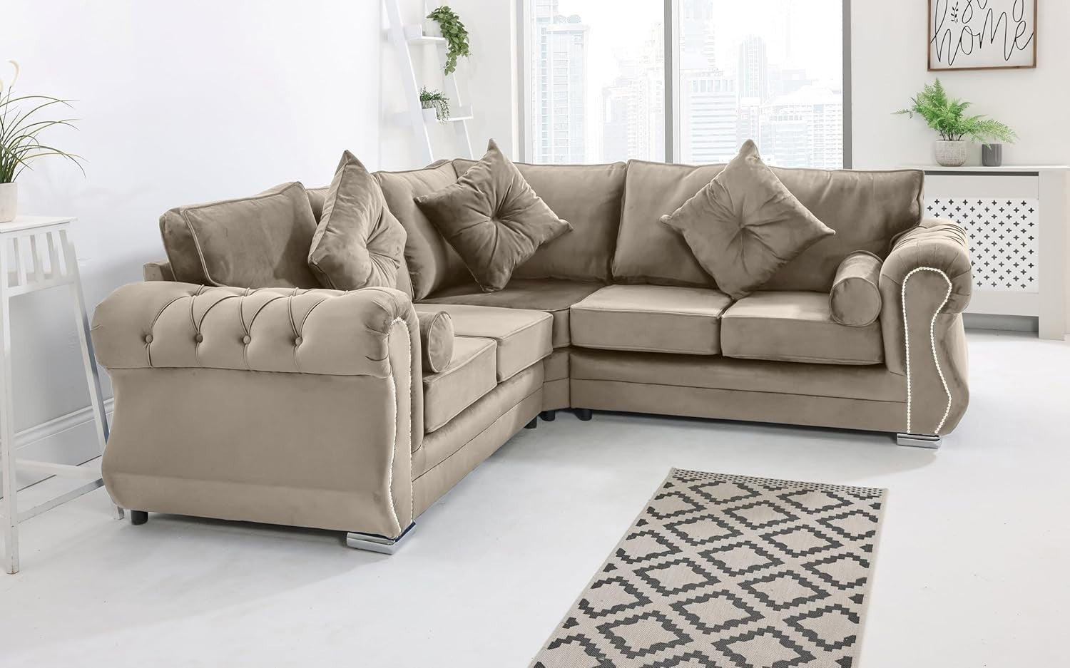 Cream Plush Velvet Corner Sofa 5 Seater Foam Cushions & Chrome Feet