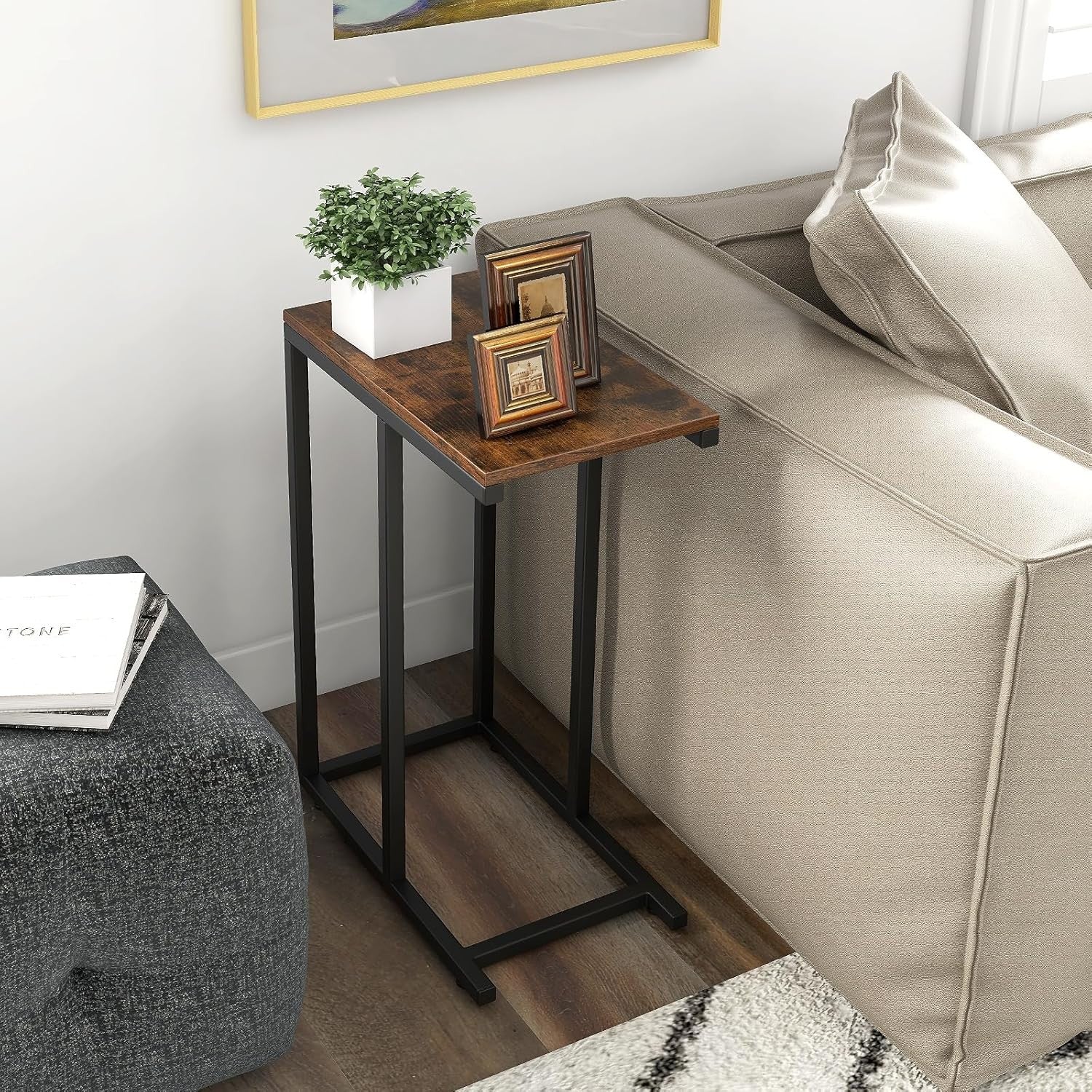C-Shaped Side Table Rustic Brown | Industrial Sofa Laptop Snack Table 64cm