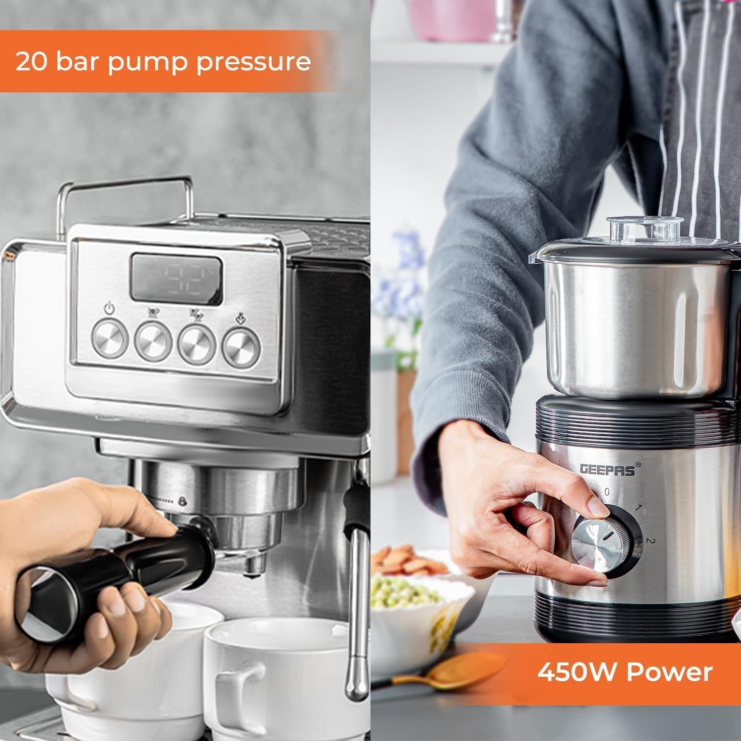 1465W Espresso Machine & 450W Grinder Set | 20-Bar Pressure | Milk Frother