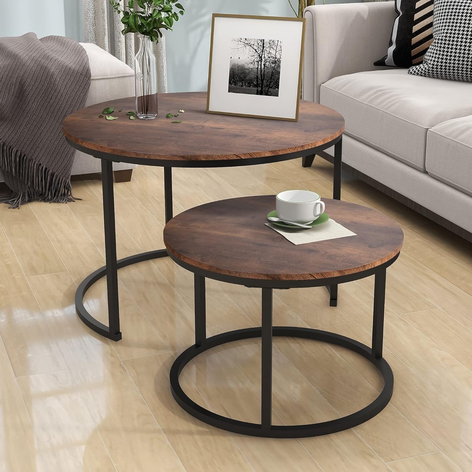 Round Coffee Table Set of 2 – Space-Saving Nesting Tables, Modern Metal Frame
