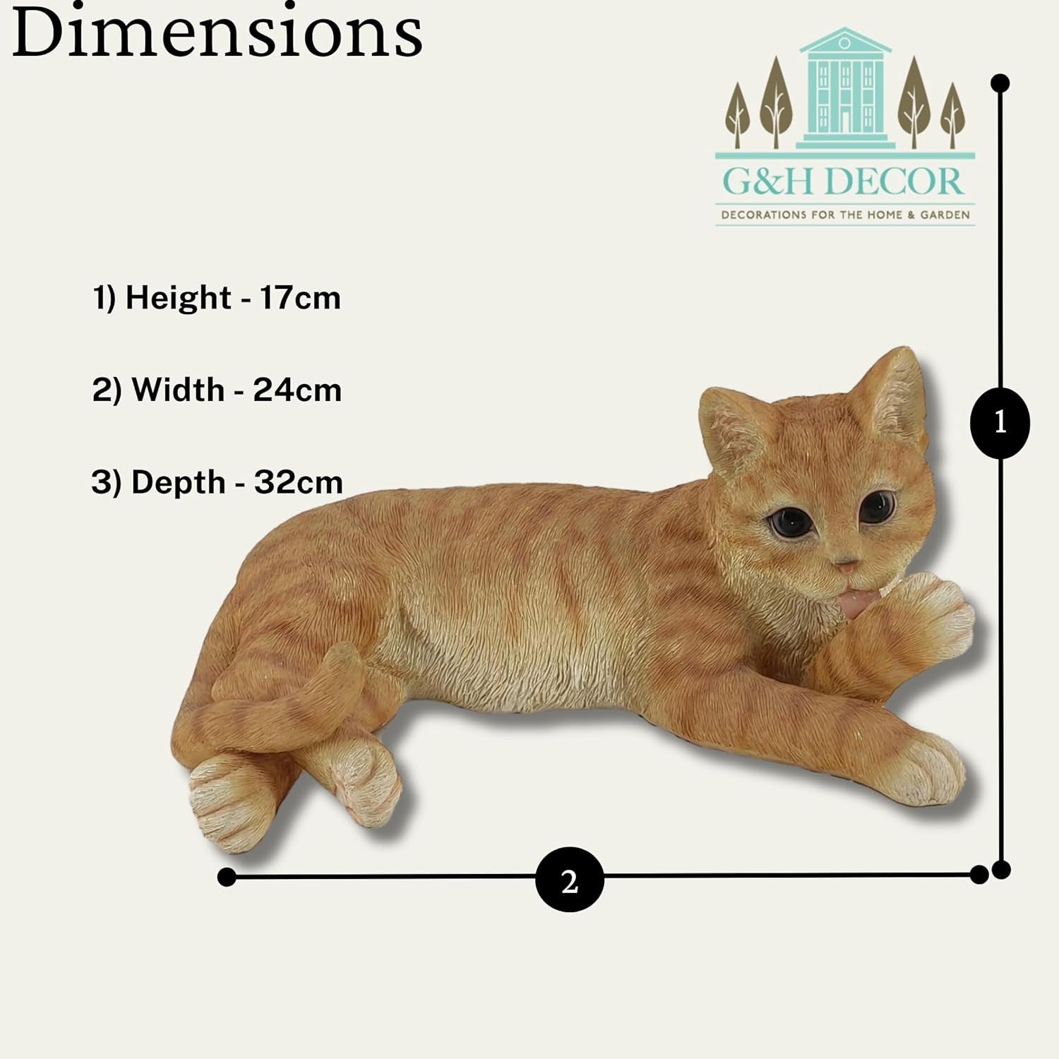 Realistic Orange Tabby Cat Statue Polyresin Garden Ornament Weatherproof Laying