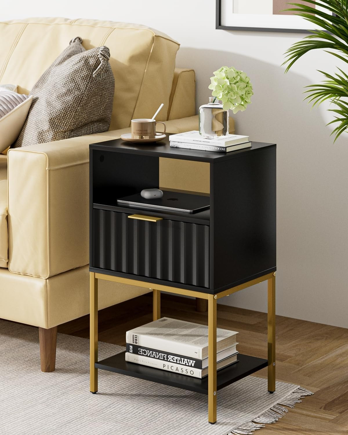 Modern Black Bedside Table with Gold Frame – 3-Tier Storage Nightstand