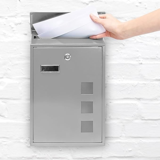 Lockable Silver Mailbox – Wall Mount, 3 Windows, Weatherproof 25x40cm