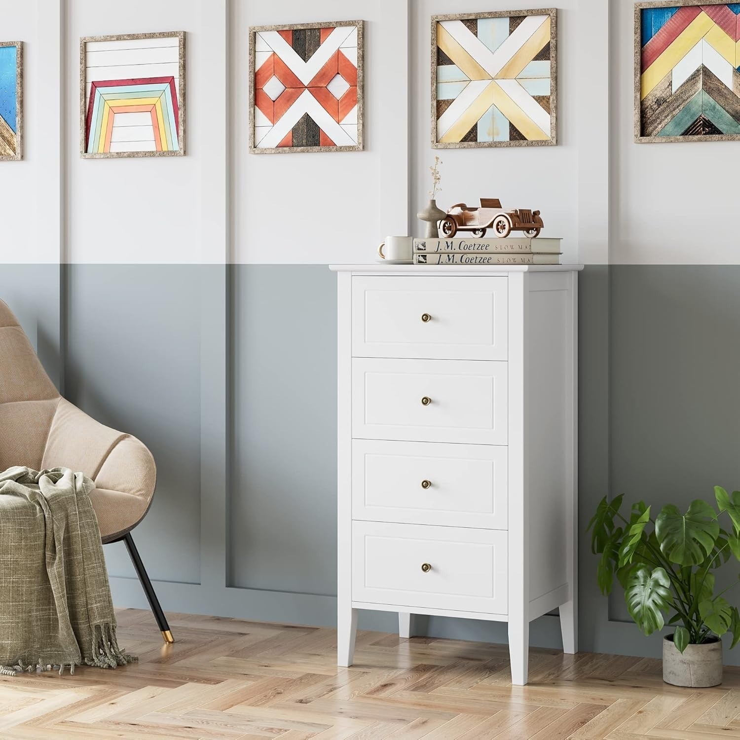 White Chest of Drawers 4 Drawer Tall Narrow Storage Unit Bedroom Modern