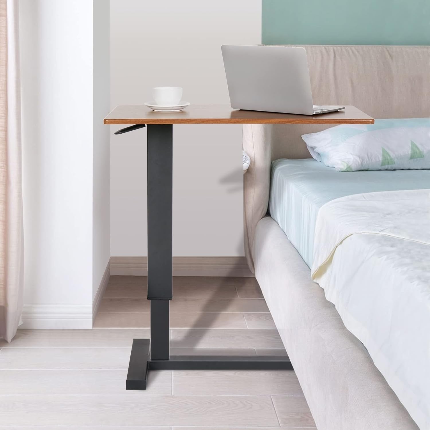 Brown Overbed Side Table C Shape Adjustable Height Rolling Laptop Desk