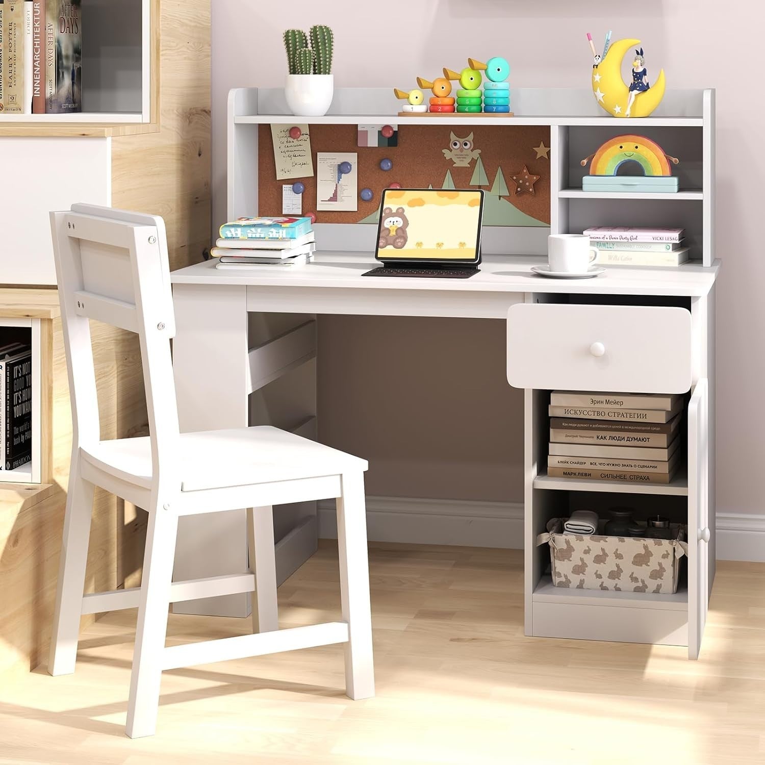 Kids Study Desk & Chair Wooden Table w/ Storage Shelf Drawer Cabinet White