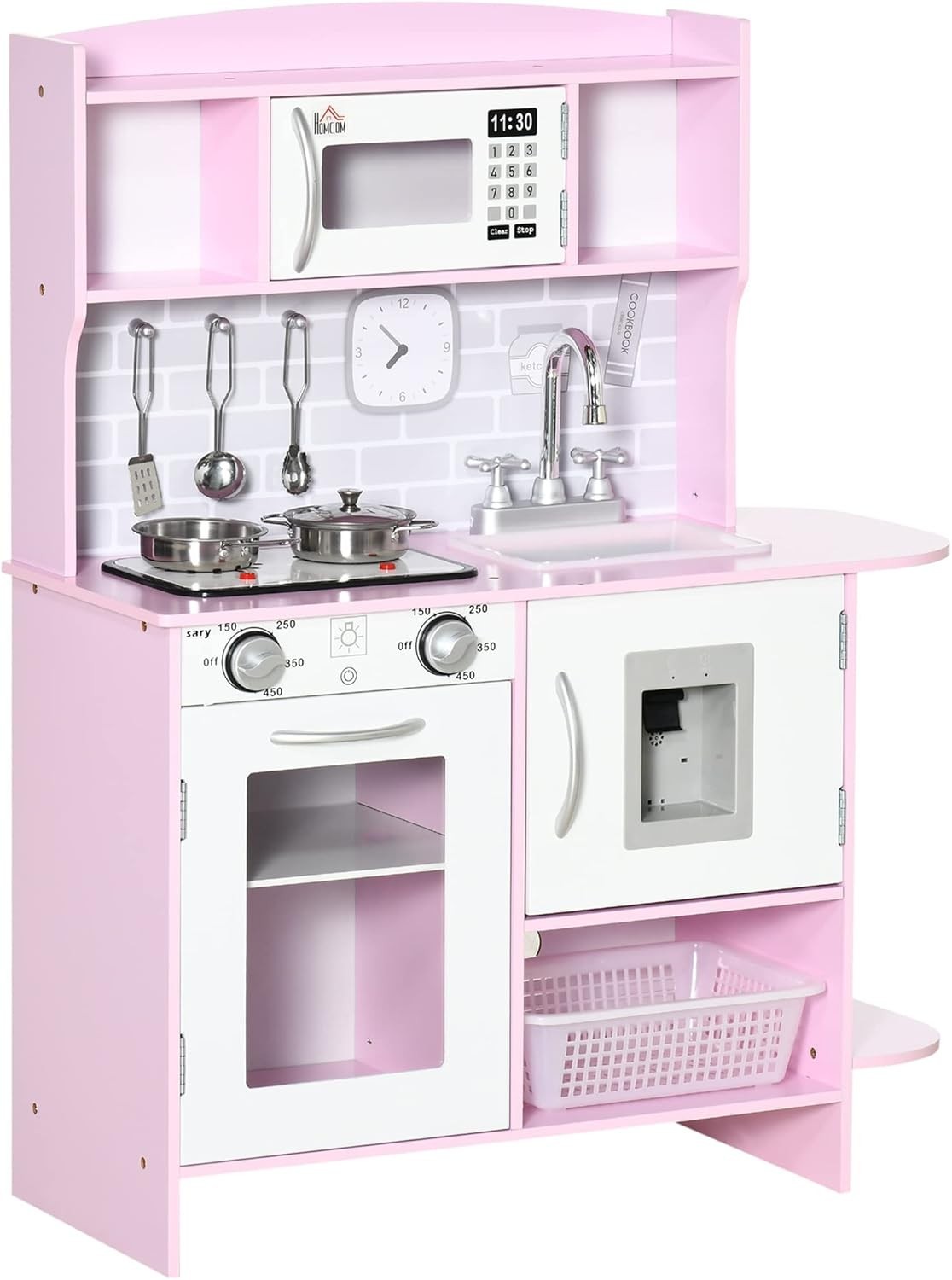 Kids Wooden Play Kitchen w/ Lights Sounds Microwave Pink Toy Set