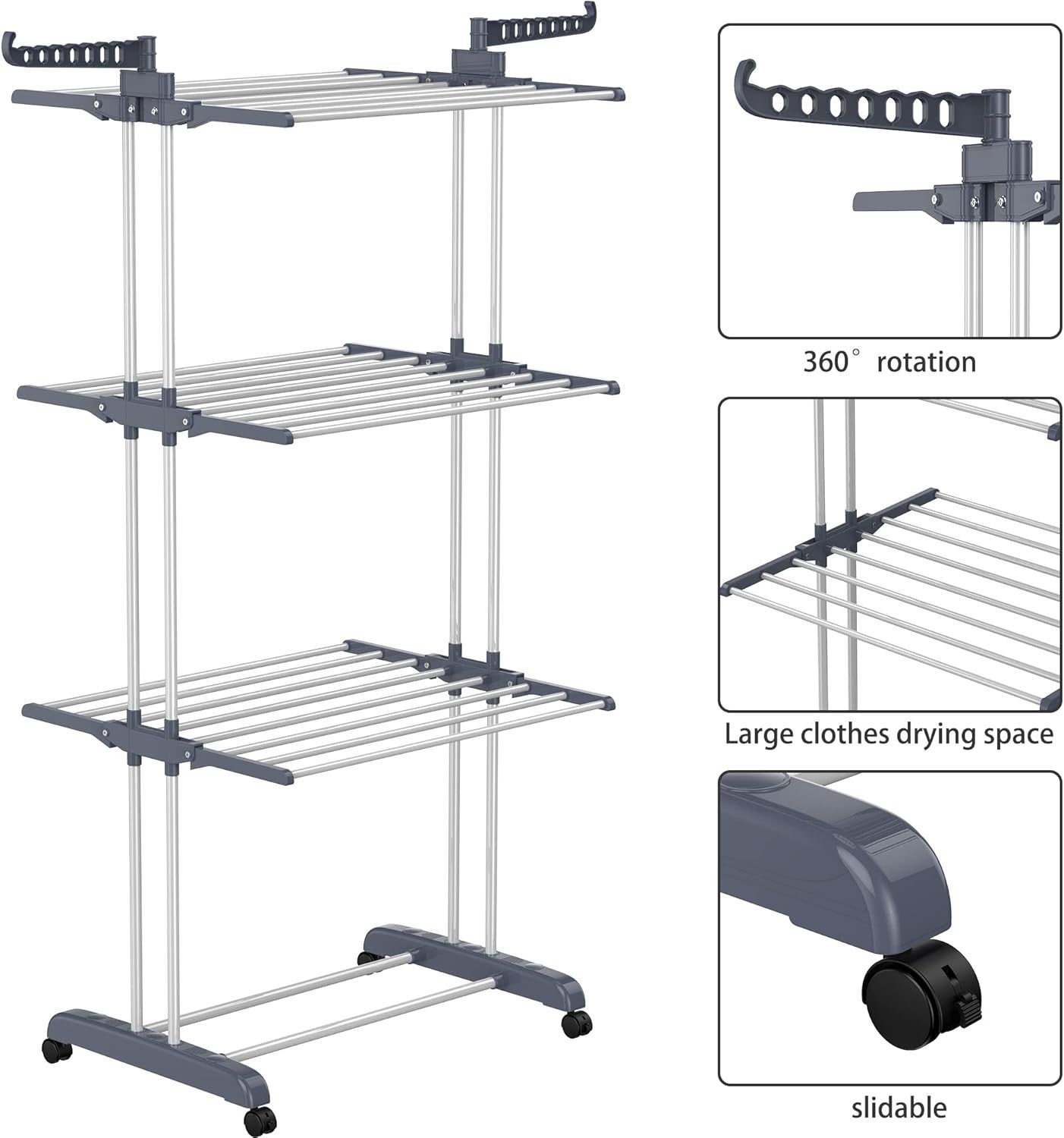 HOMIDEC 4-Tier Foldable Stainless Steel Clothes Drying Rack Grey