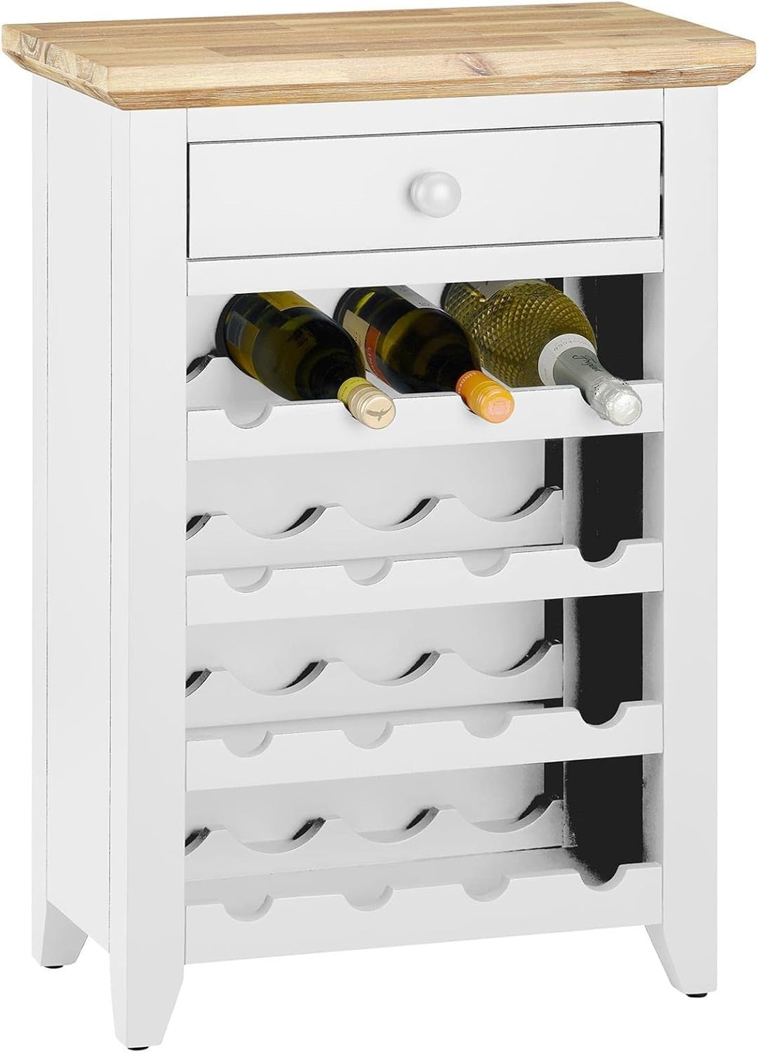 White Wine Rack Side Cabinet with Drawer | Holds 16 Bottles | Solid Wood Console